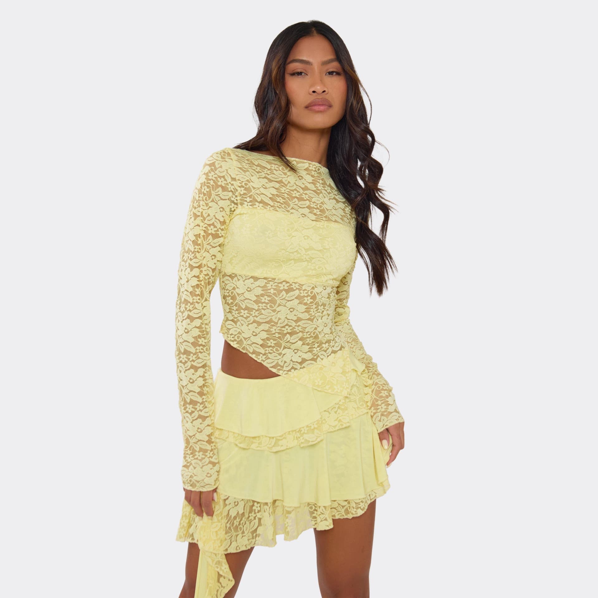 EGO Long Sleeve Asymmetric Hem Detail Top In Yellow Lace, Women's Size UK 6