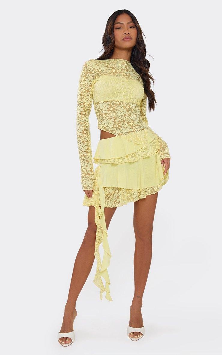 EGO Long Sleeve Asymmetric Hem Detail Top In Yellow Lace, Women's Size UK 6 - 2