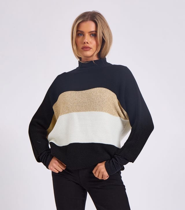 Gini London Women's Black Chunky Knit Striped Jumper Gini London New Look - 2