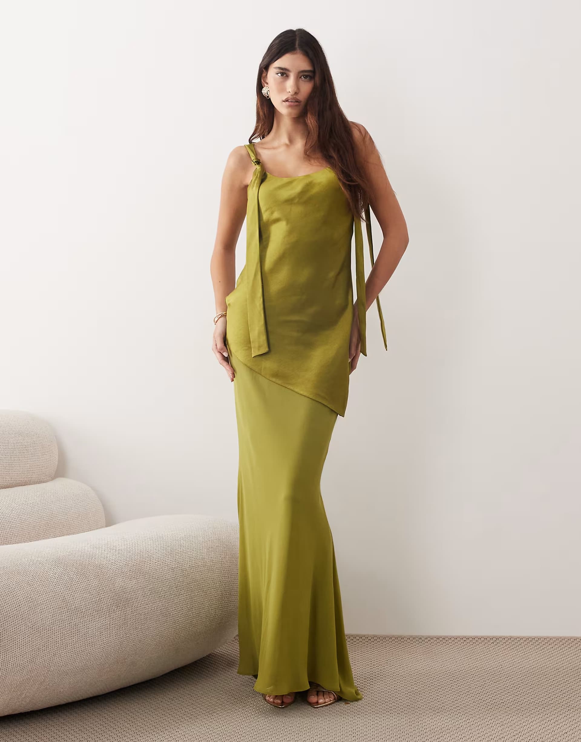 ASOS ARRANGE tie shoulder  satin maxi dress in olive green