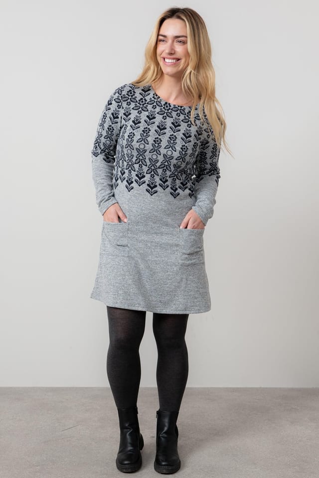 Lily & Me Lily & Me Women's Fairisle Long Sleeved Soft Brushed knit Swing Dress with Boat neck in Grey - 2