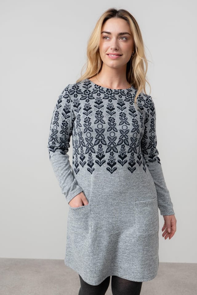Lily & Me Lily & Me Women's Fairisle Long Sleeved Soft Brushed knit Swing Dress with Boat neck in Grey - 3