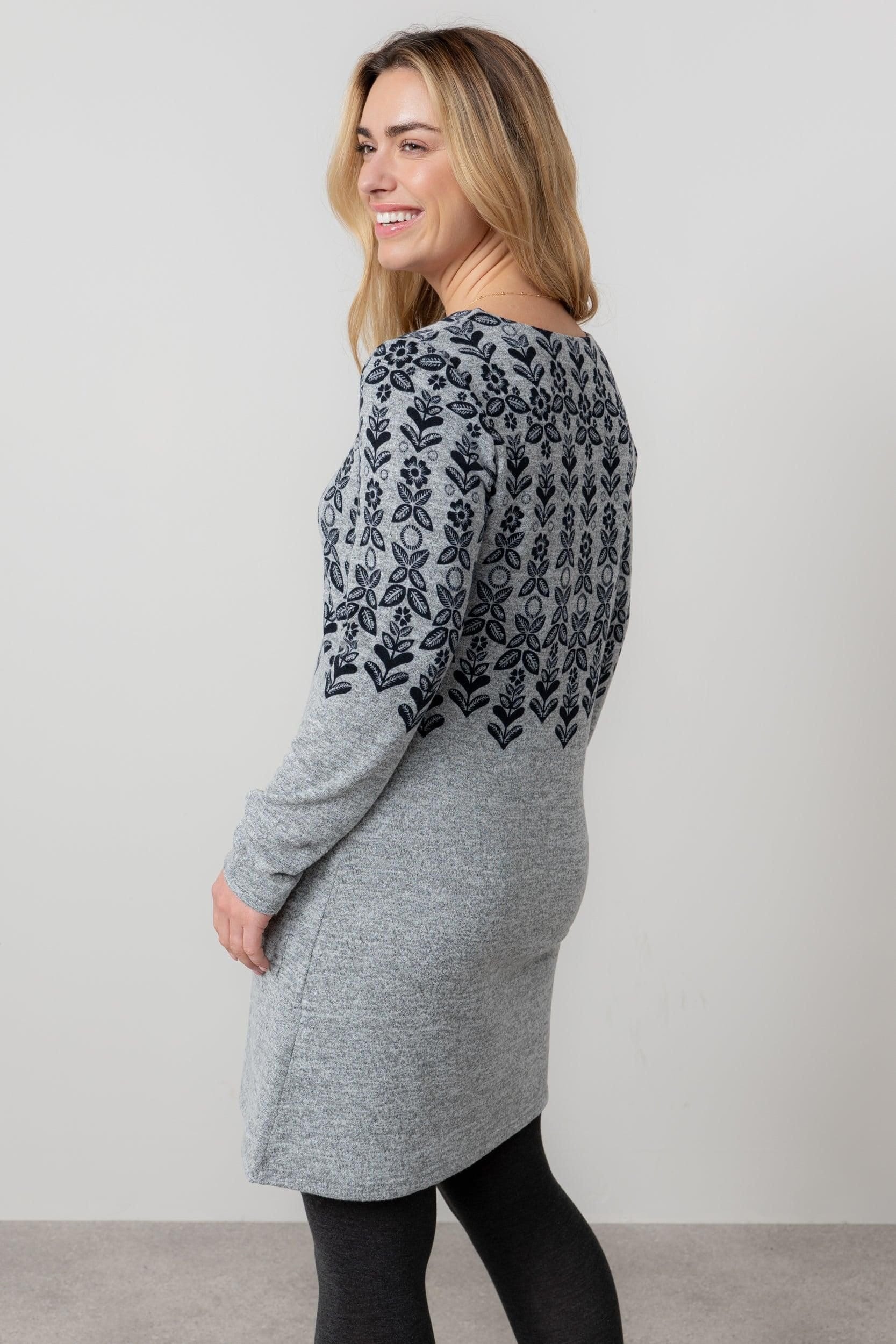 Lily & Me Lily & Me Women's Fairisle Long Sleeved Soft Brushed knit Swing Dress with Boat neck in Grey - 4