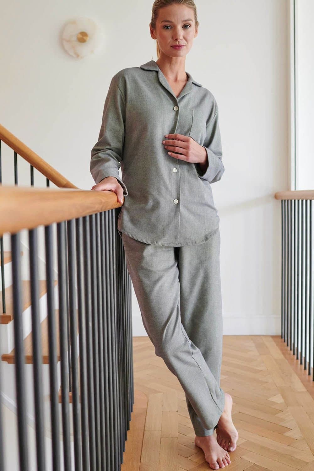 British Boxers British Boxers Women's "Orkney" Herringbone Brushed Cotton Pyjamas in Light Green