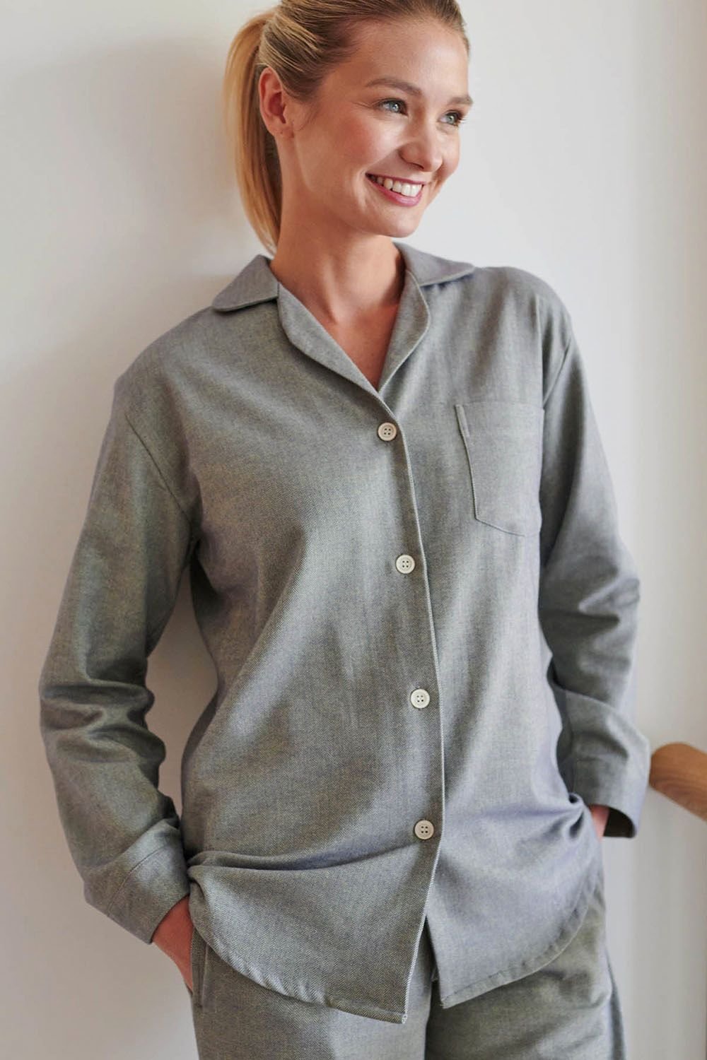 British Boxers British Boxers Women's "Orkney" Herringbone Brushed Cotton Pyjamas in Light Green - 2