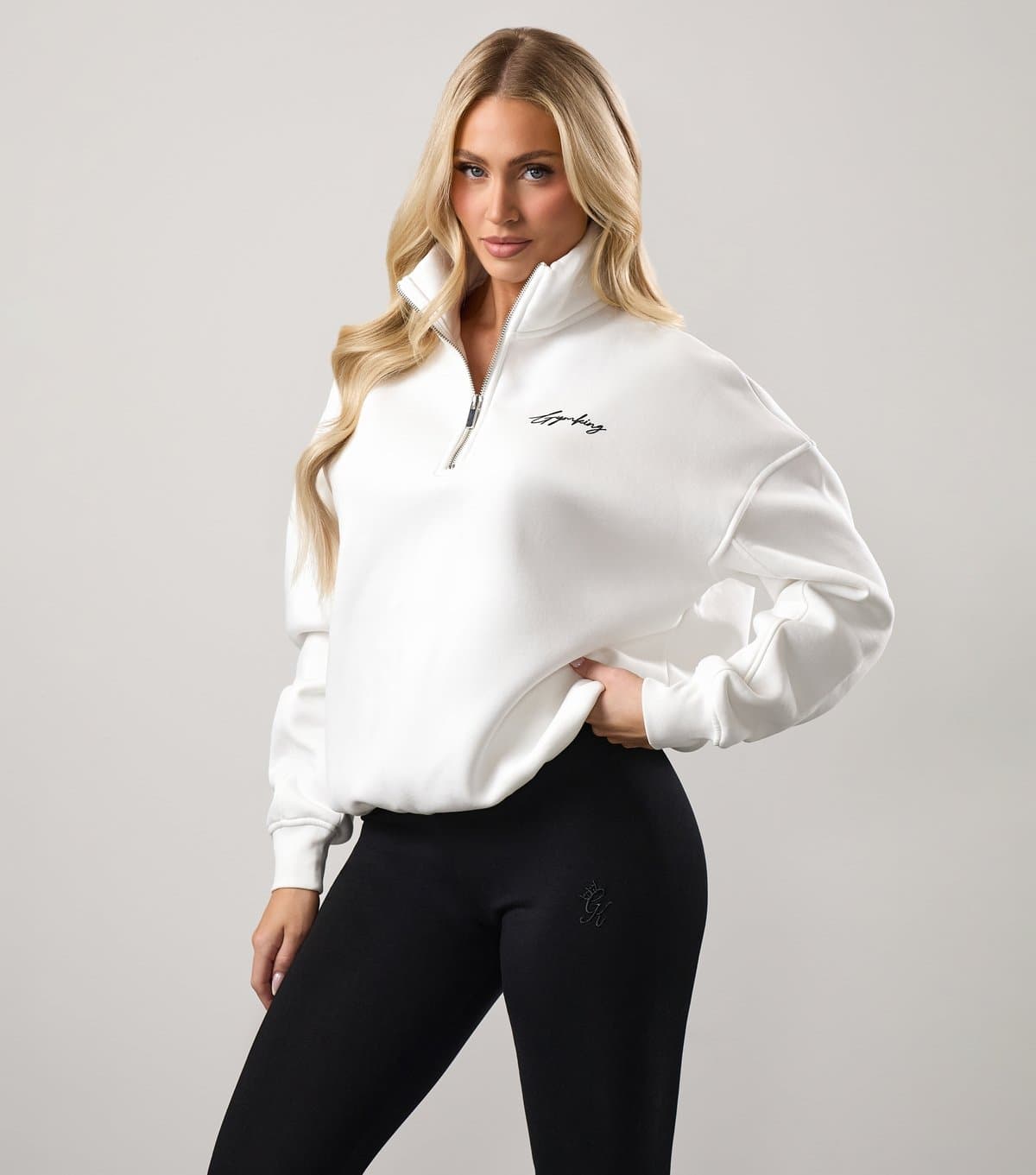 Gym King Women's Cream Logo Embroidered High Neck Jumper Gym King New Look