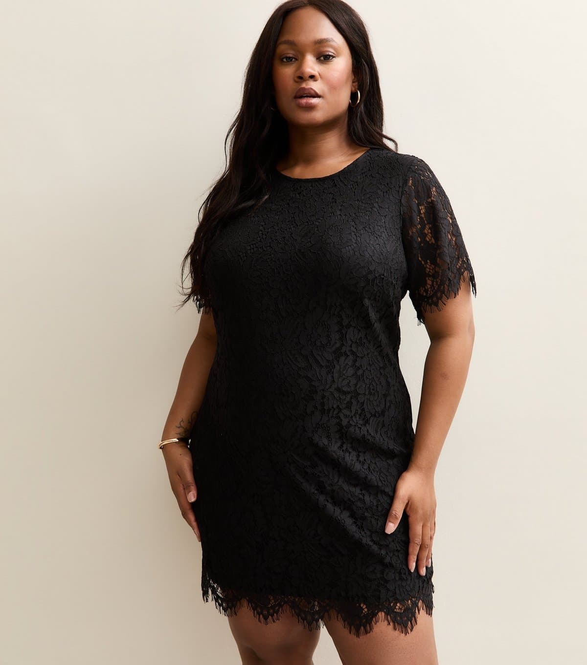 New Look Women's Plus Size Black Lace T-Shirt Mini Dress Curves New Look