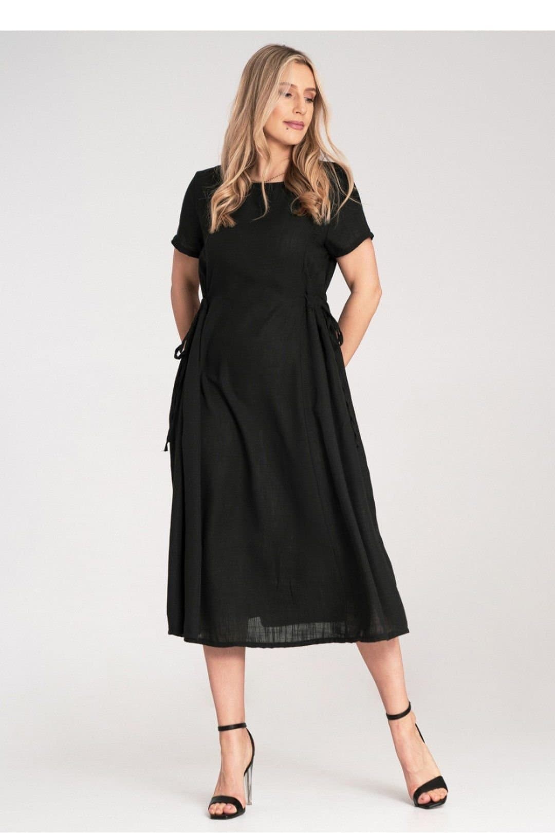 Love Lace Love Lace Women's Midi Dress With Side Strings & Short Sleeves in Black