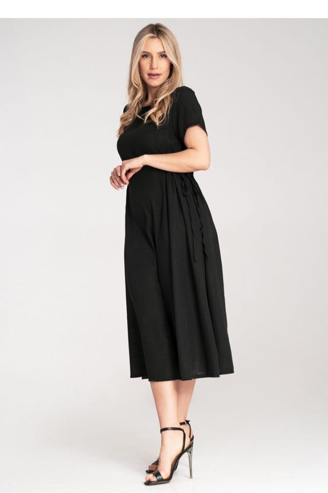 Love Lace Love Lace Women's Midi Dress With Side Strings & Short Sleeves in Black - 2