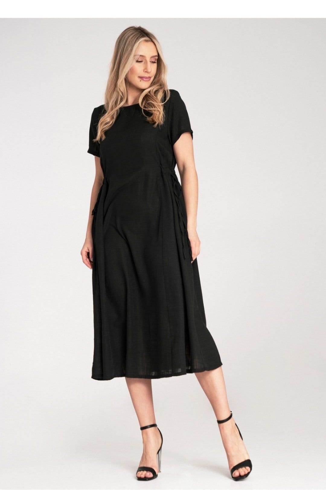 Love Lace Love Lace Women's Midi Dress With Side Strings & Short Sleeves in Black - 4