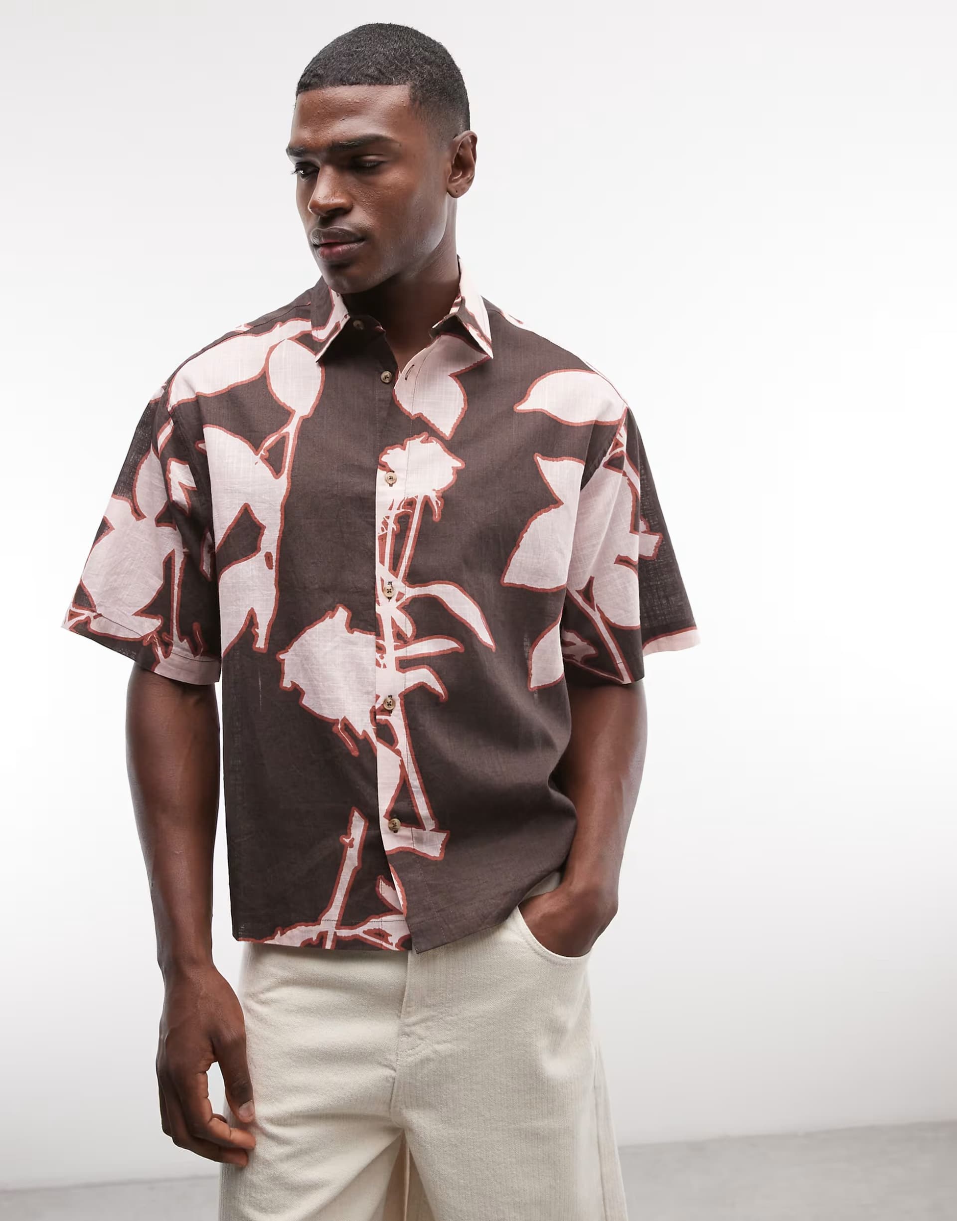 ASOS ASOS DESIGN boxy oversized shirt in all over petal print in brown