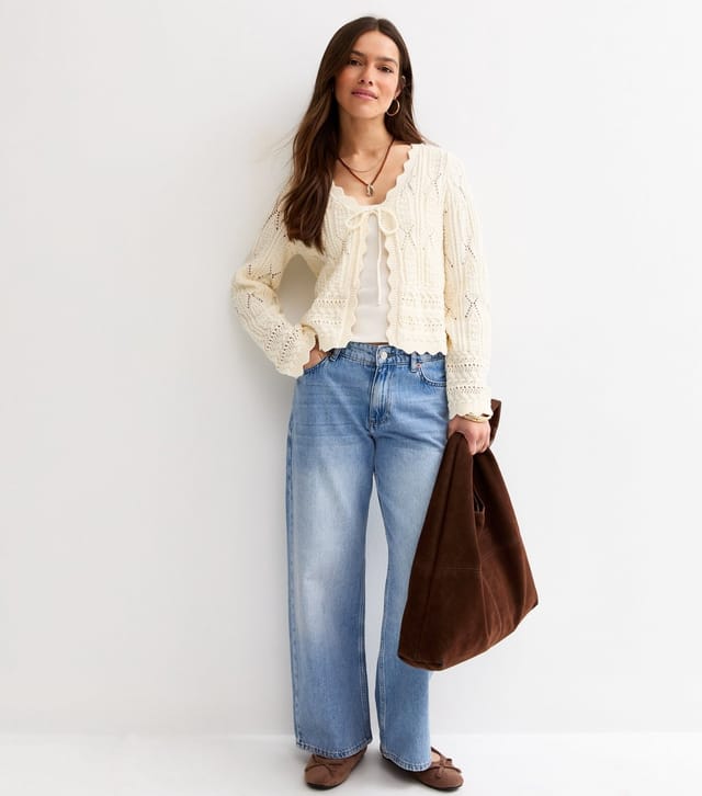 New Look Women's Petite Cream Cotton Rich Stitchy Crochet-Look Knit Tie Cardigan New Look - 3