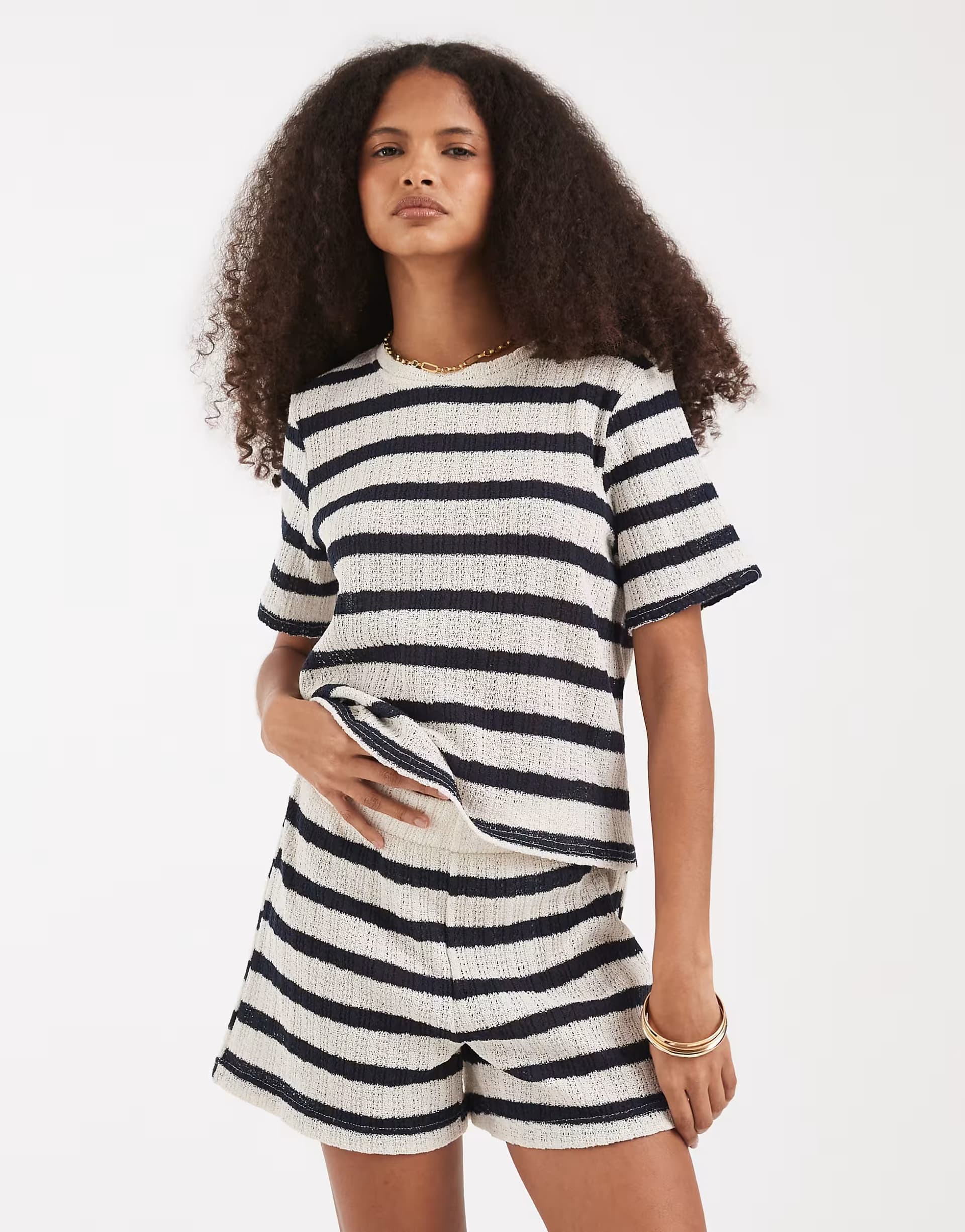 ASOS Vero Moda knitted crochet short co-ord in cream and navy stripe