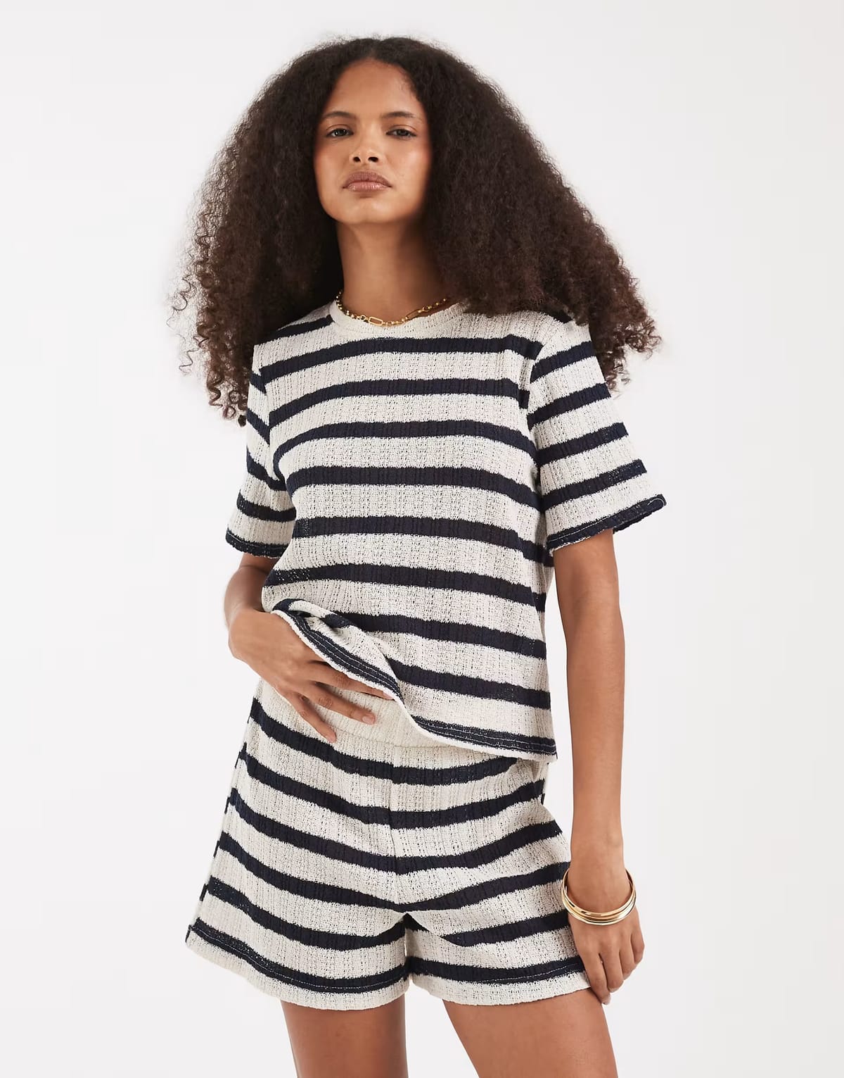 ASOS Vero Moda knitted crochet short co-ord in cream and navy stripe - 1