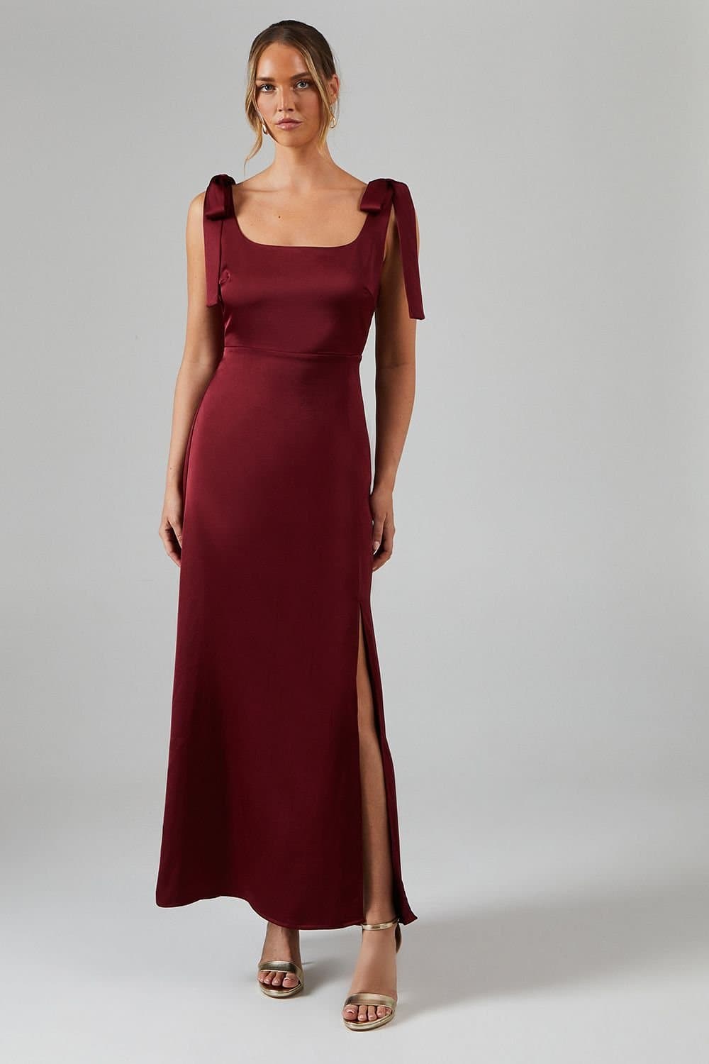 Oasis Oasis Women's Wine Satin Tie Shoulder Midi Bridesmaid Dress