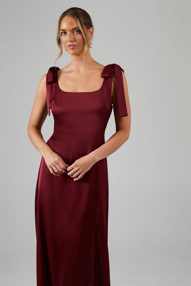 Oasis Oasis Women's Wine Satin Tie Shoulder Midi Bridesmaid Dress - 2