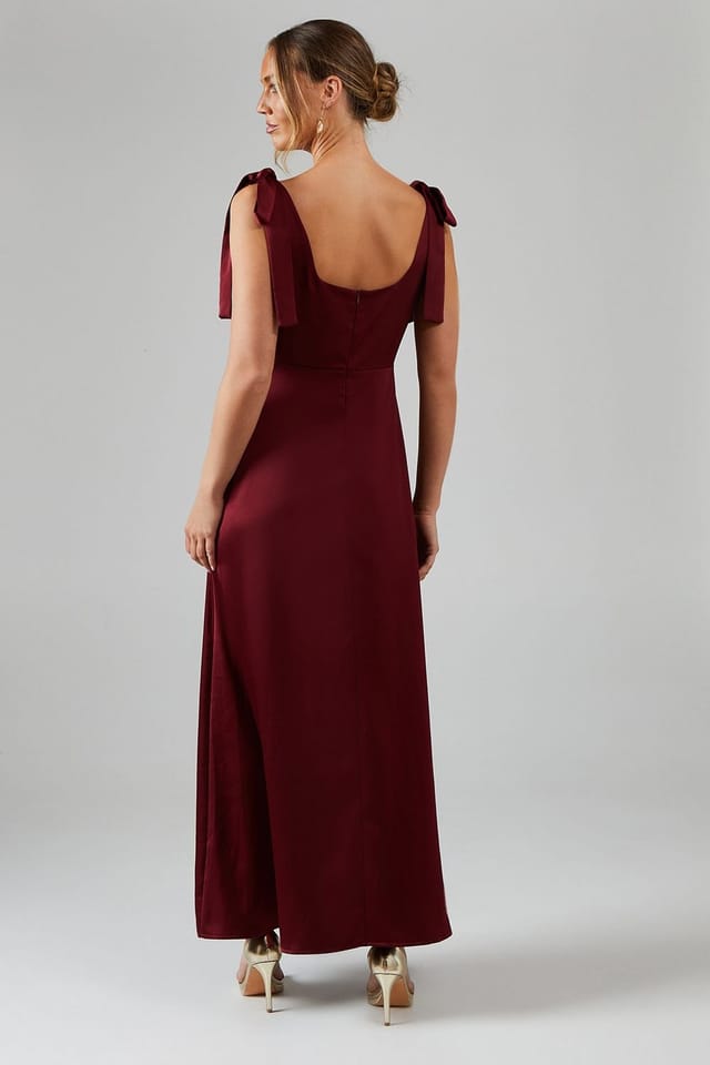 Oasis Oasis Women's Wine Satin Tie Shoulder Midi Bridesmaid Dress - 3