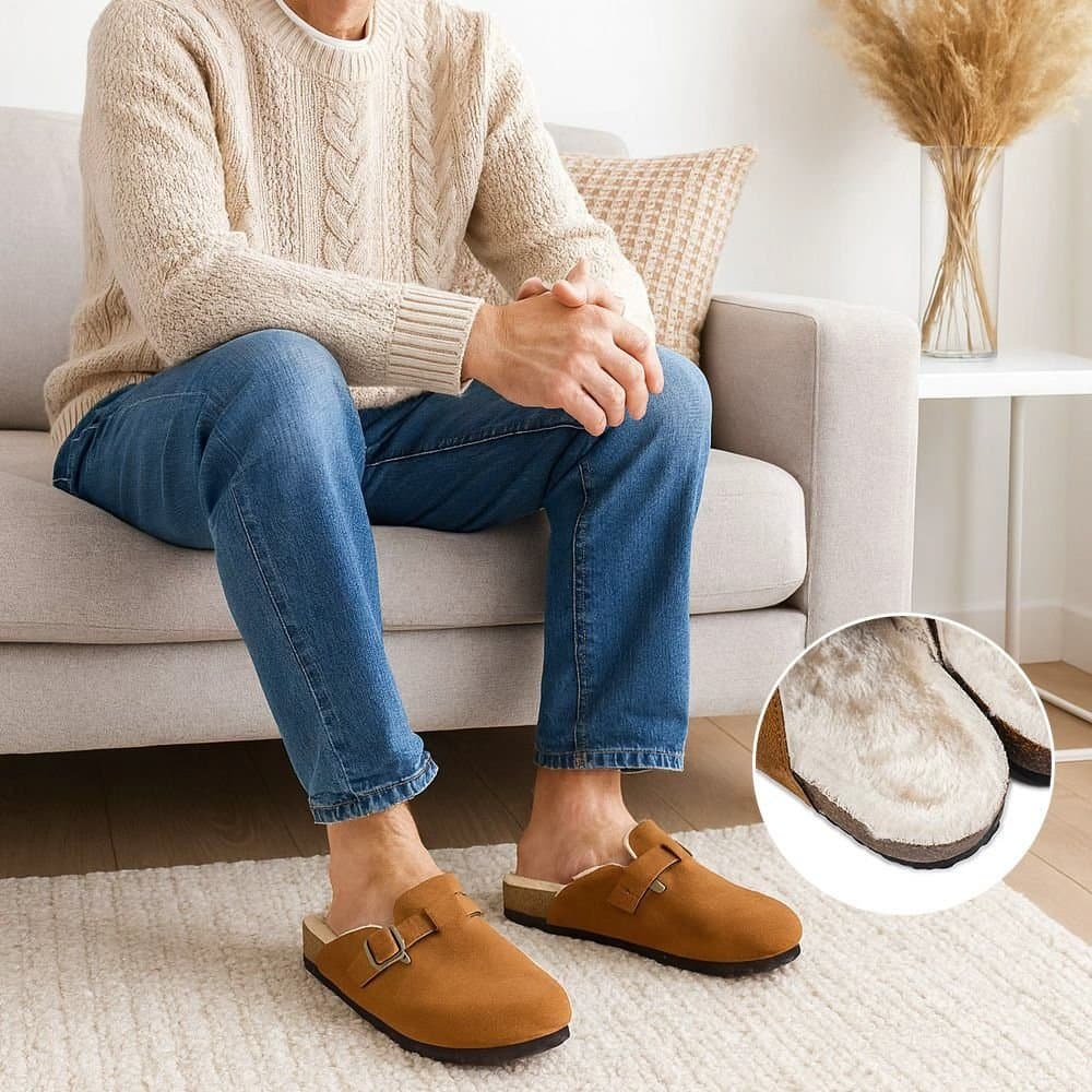 Voltico Voltico Men's Men's Faux Suede Clogs with Plush Lining - Warm & Anti-Slip Slippers in Brown