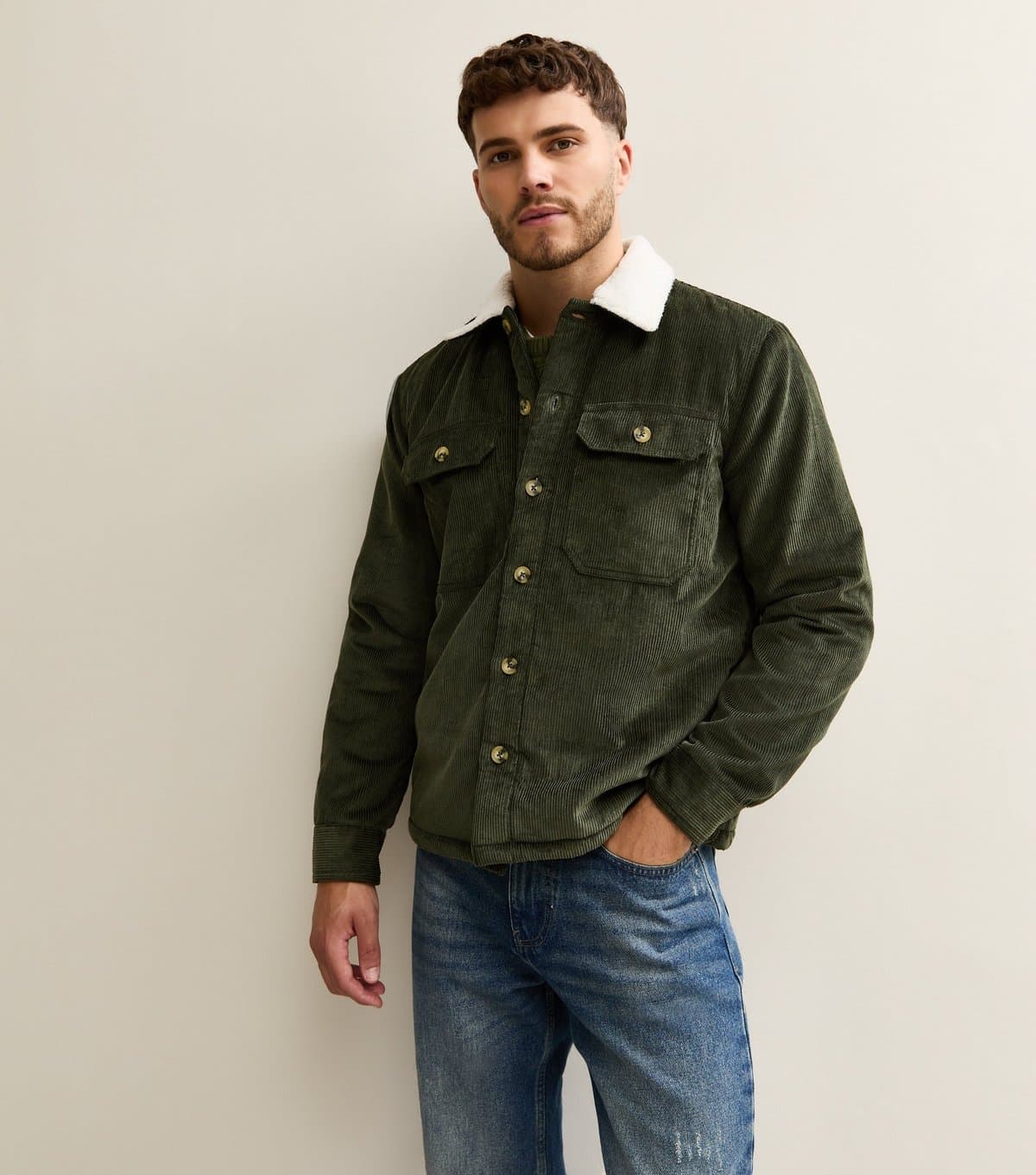 New Look Men's Khaki Relaxed Corduroy Contrast Borg Collar Jacket New Look