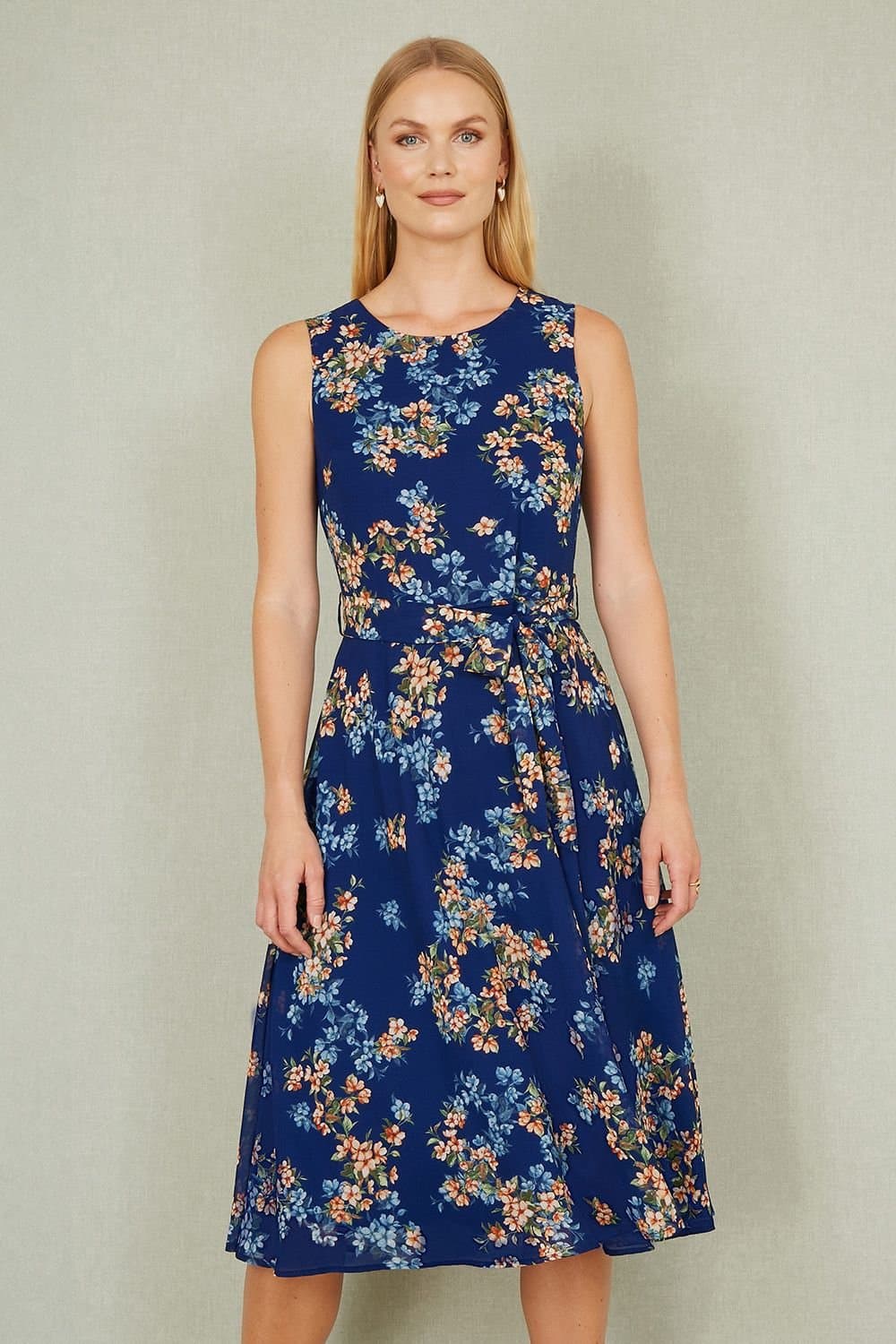Yumi Yumi Women's Navy Floral Skater Sleeveless Dress in Blue