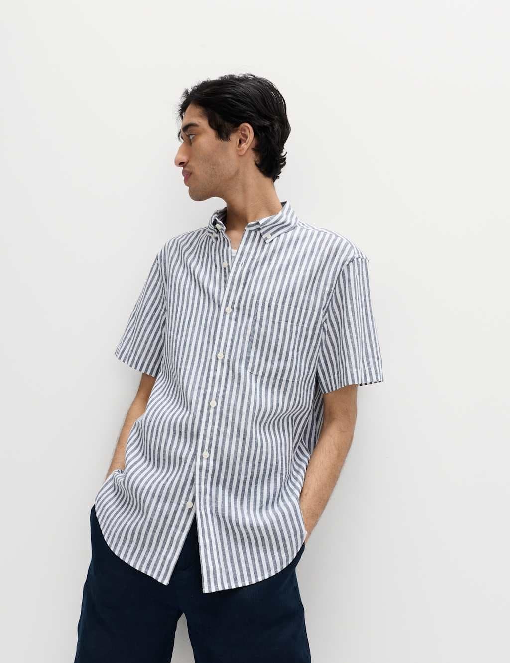 Marks & Spencer M&S Regular Fit Linen Rich Short Sleeve Shirt Blue Mix