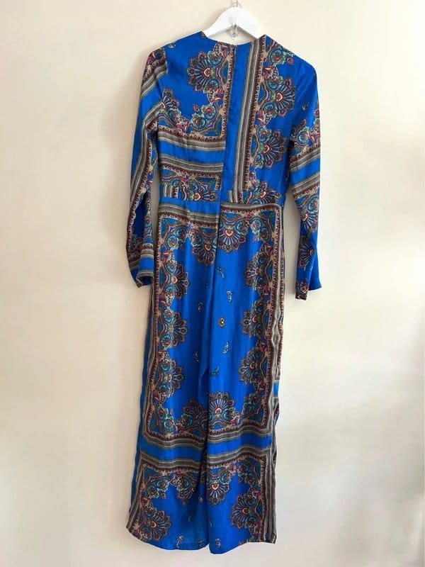 PrettyLittleThing 💙 PrettyLittleThing Blue Paisley Wide Leg Jumpsuit Boho Festival Holiday UK 10 NWT - 1