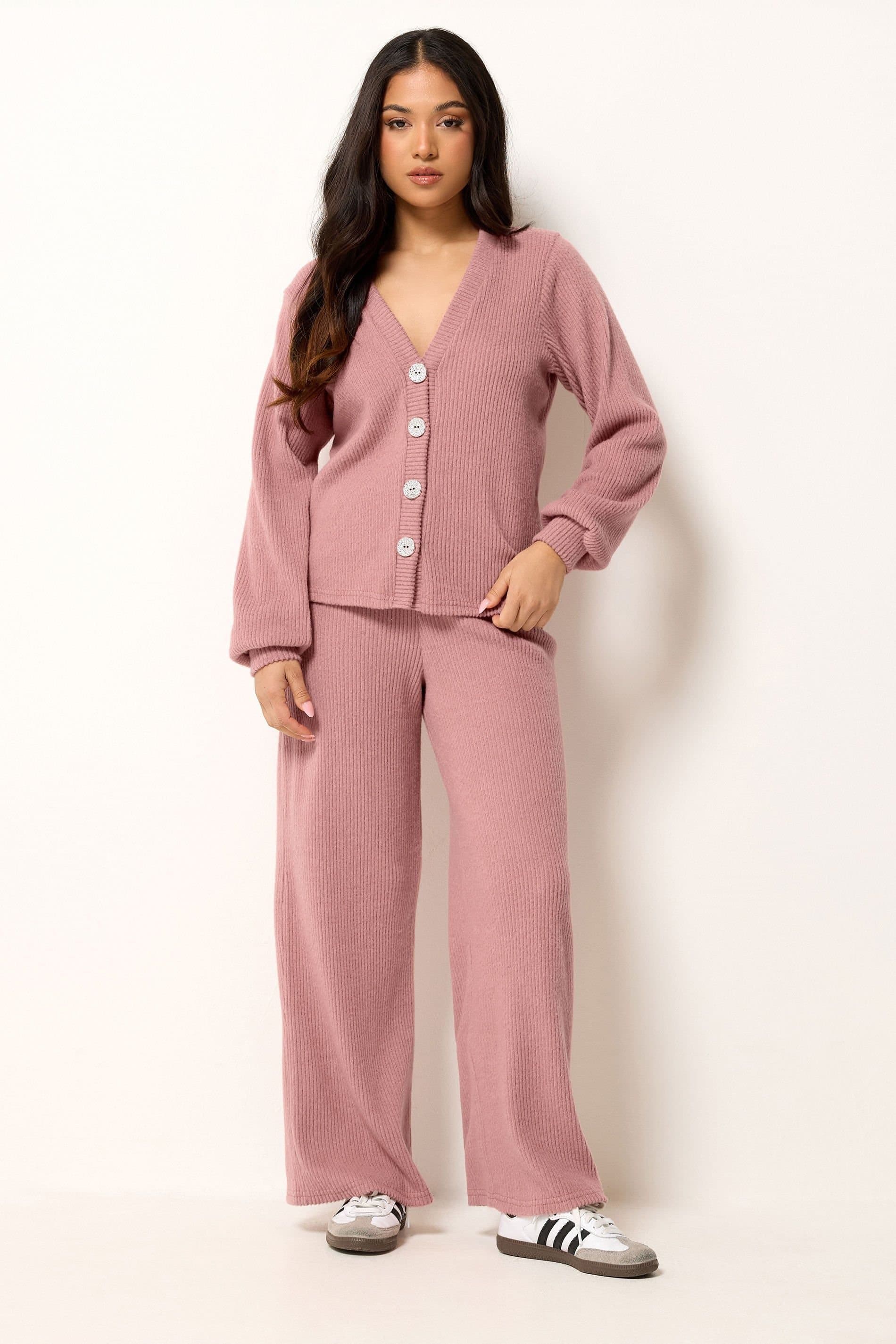 PixieGirl PixieGirl Women's Petite Ribbed Cardigan & Wide Leg Trousers Set in Pink