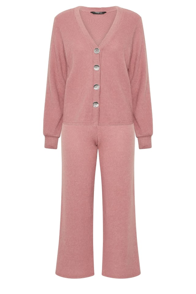 PixieGirl PixieGirl Women's Petite Ribbed Cardigan & Wide Leg Trousers Set in Pink - 2