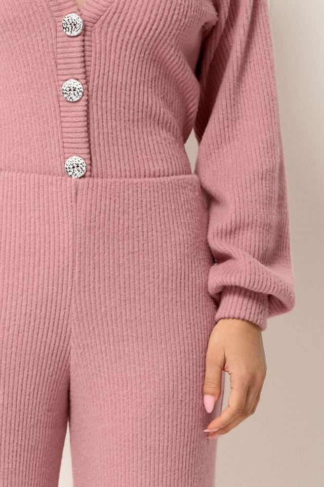 PixieGirl PixieGirl Women's Petite Ribbed Cardigan & Wide Leg Trousers Set in Pink - 3