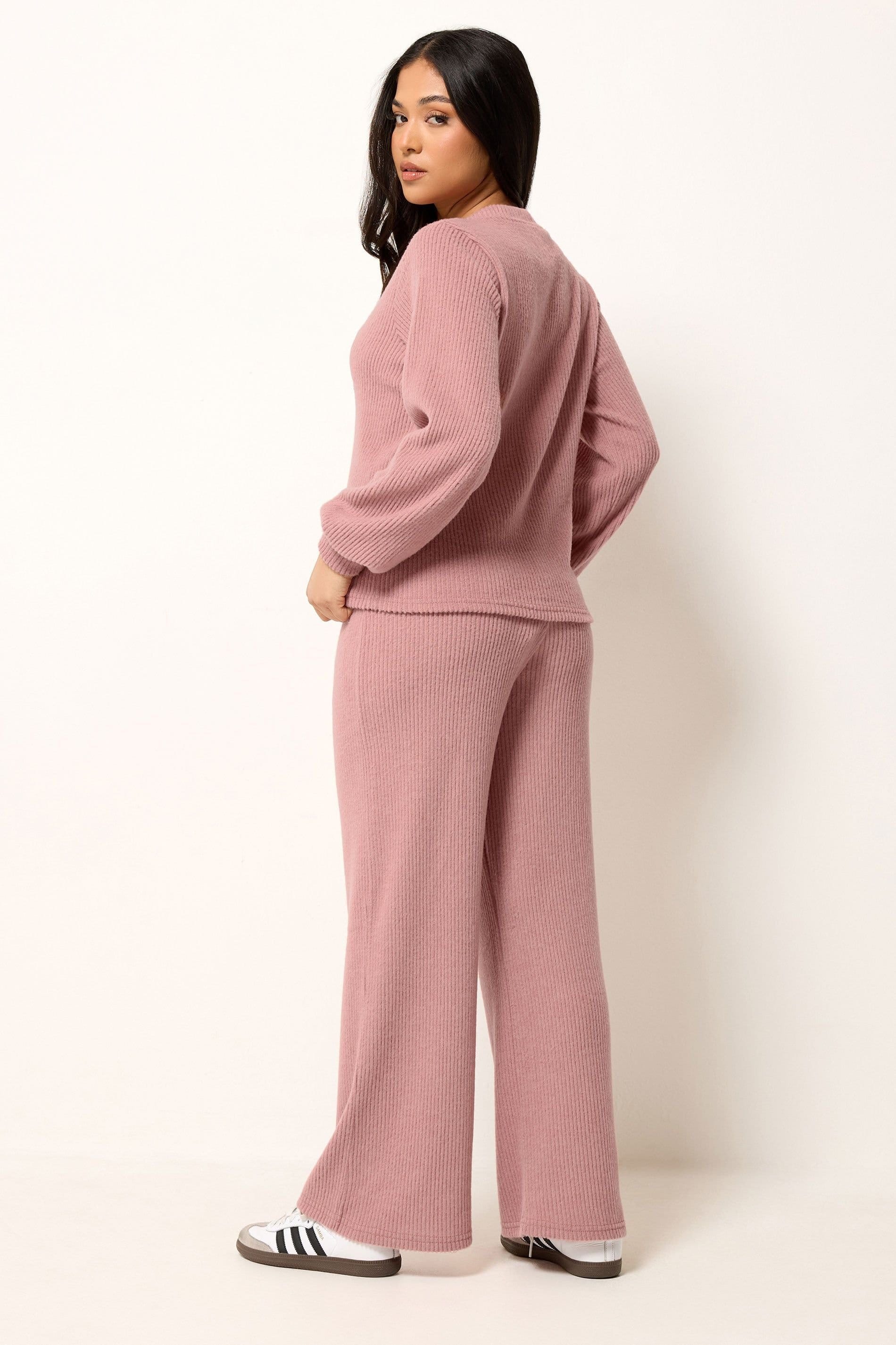 PixieGirl PixieGirl Women's Petite Ribbed Cardigan & Wide Leg Trousers Set in Pink - 4