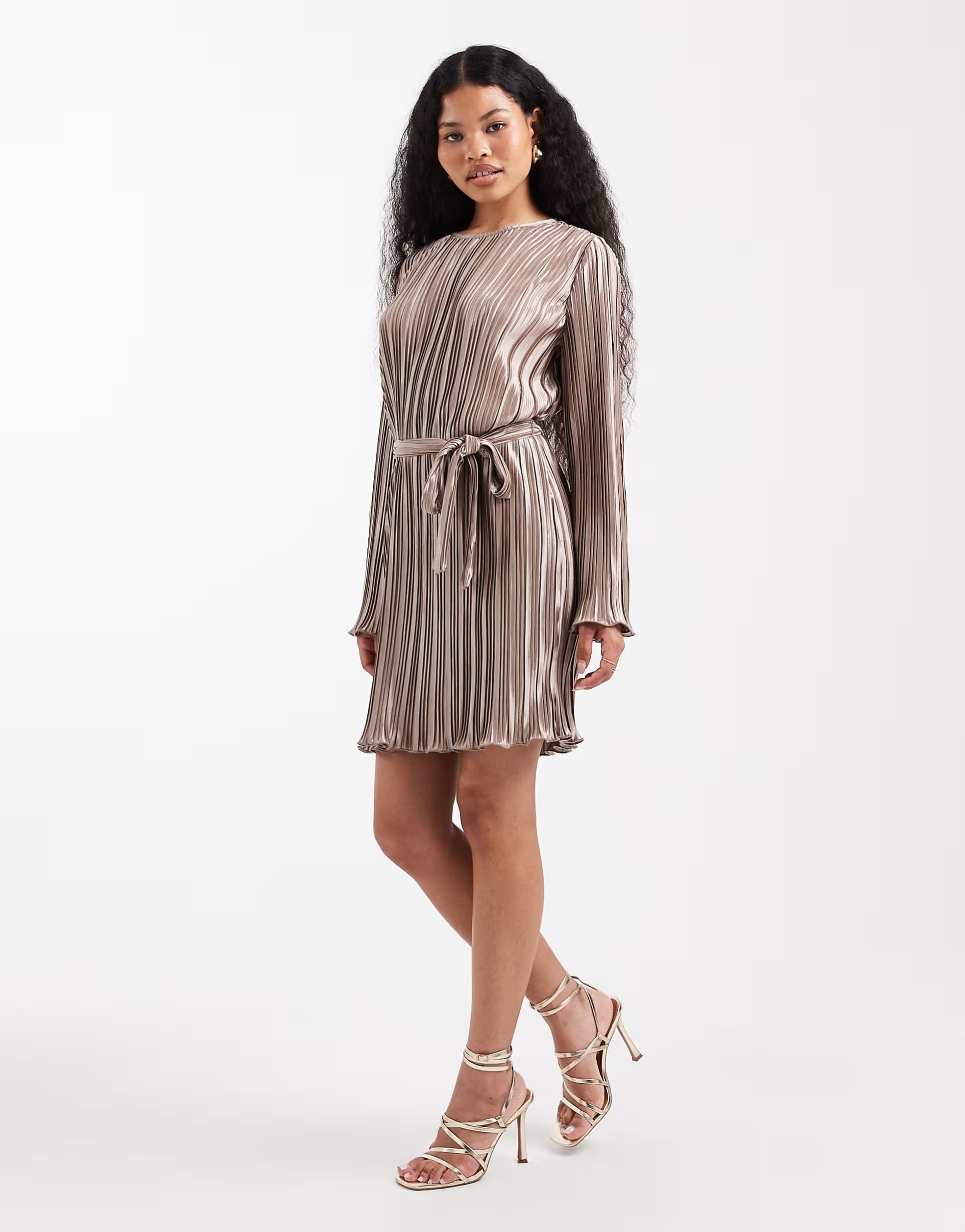 ASOS Vero Moda Petite tie waist plisse mini dress in gold - 1