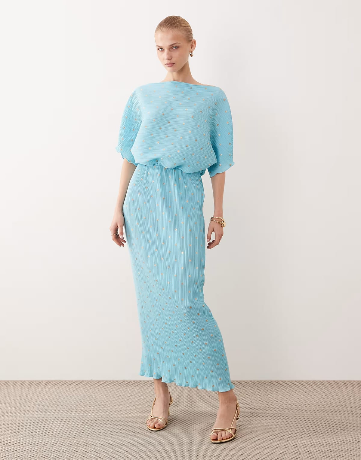 ASOS Never Fully Dressed Tilly off shoulder plisse maxi dress in metalic turquoise spot - 1