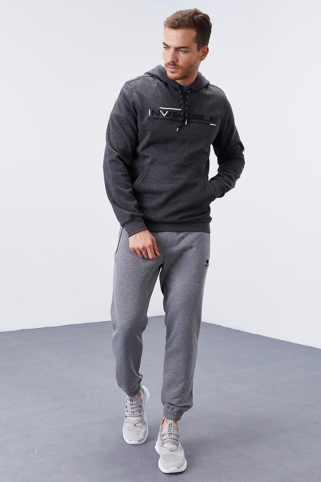 Tommy Life Tommy Life Men's Printed Hooded Sweatshirt With Pocket in Charcoal - 2