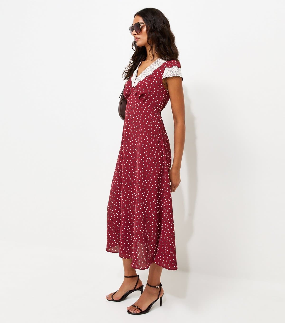 New Look Women's Red Spot Print Lace Trim Midi Tea Dress New Look