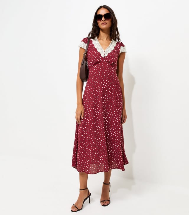 New Look Women's Red Spot Print Lace Trim Midi Tea Dress New Look - 2
