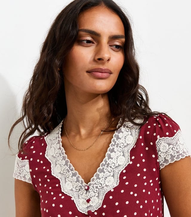 New Look Women's Red Spot Print Lace Trim Midi Tea Dress New Look - 3