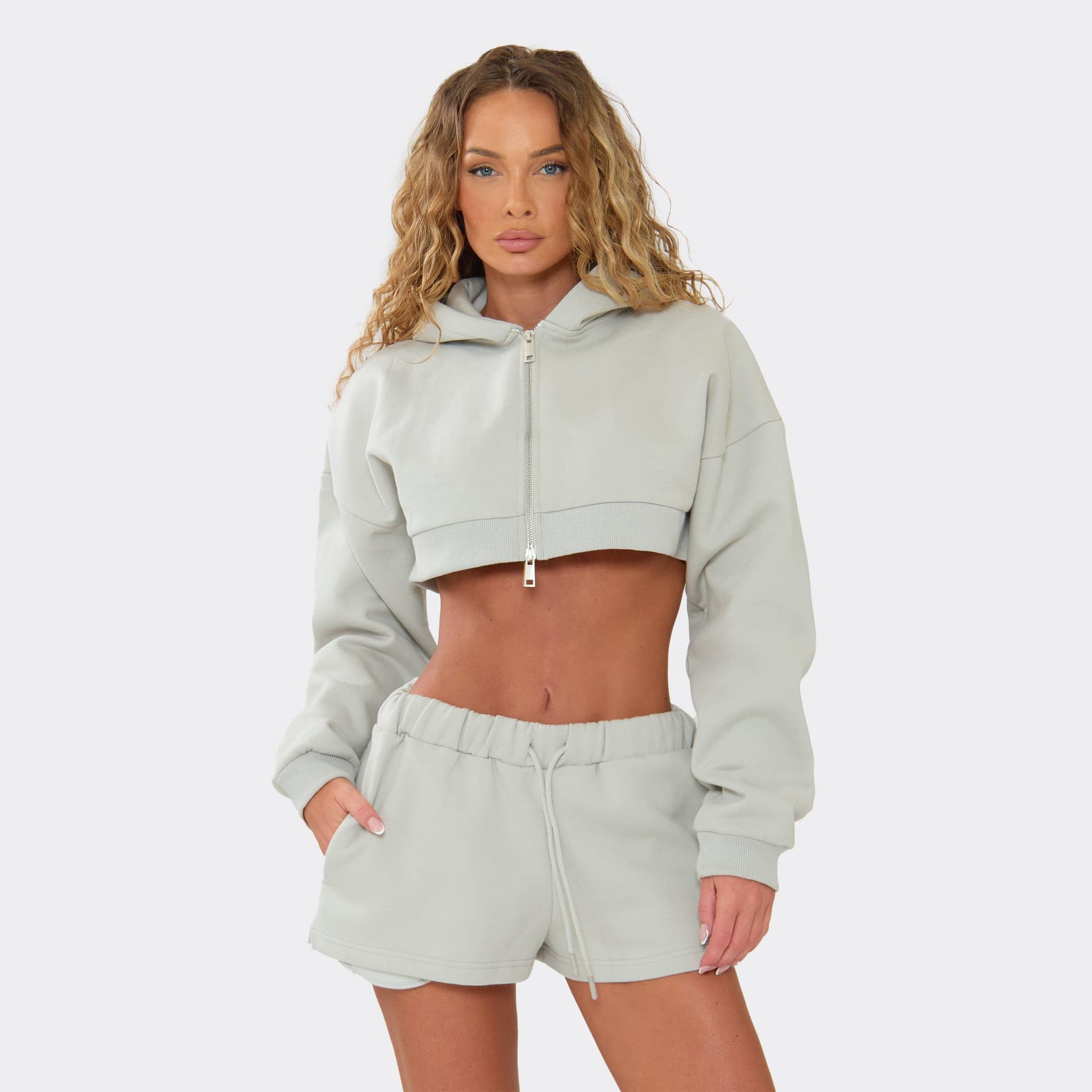 EGO Long Sleeve Boxy Zip Up Cropped Hoodie In Grey., Women's Size UK 6