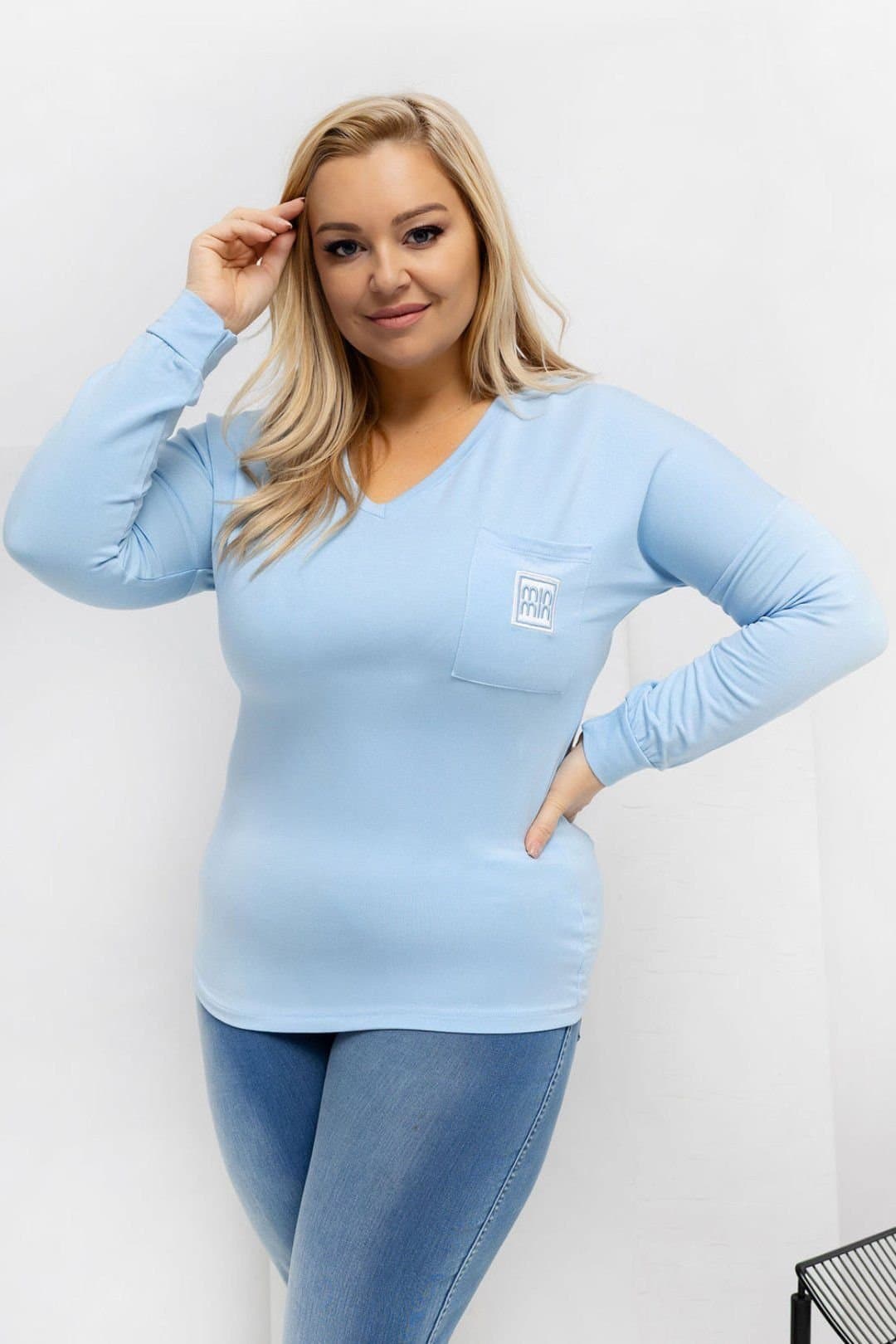 Love Lace Love Lace Women's Plus Size Micro Modal V Neck Blouse with Pocket Style 223936 in Blue