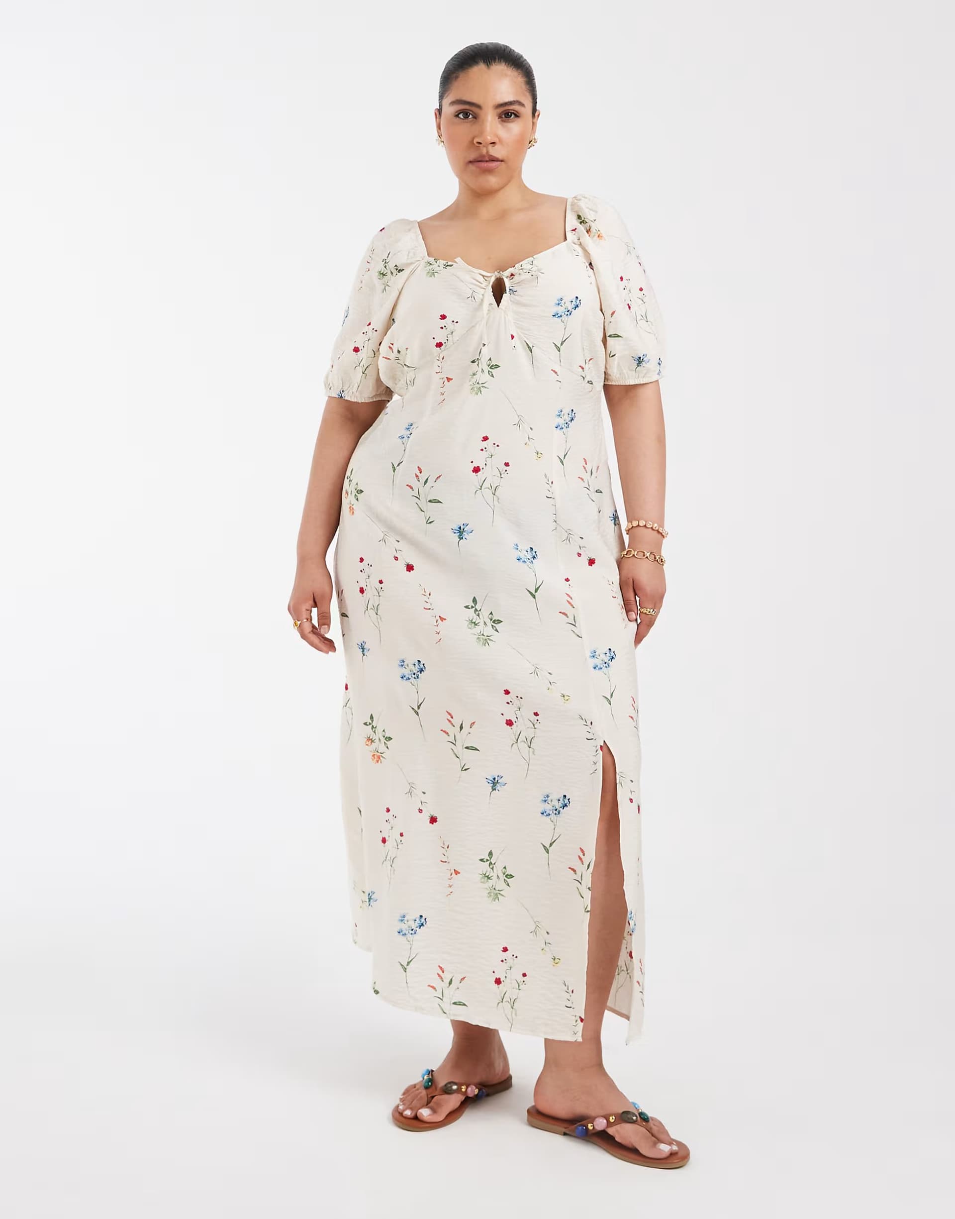 ASOS Vero Moda Curve puff sleeve tie front detail maxi dress in cream floral print