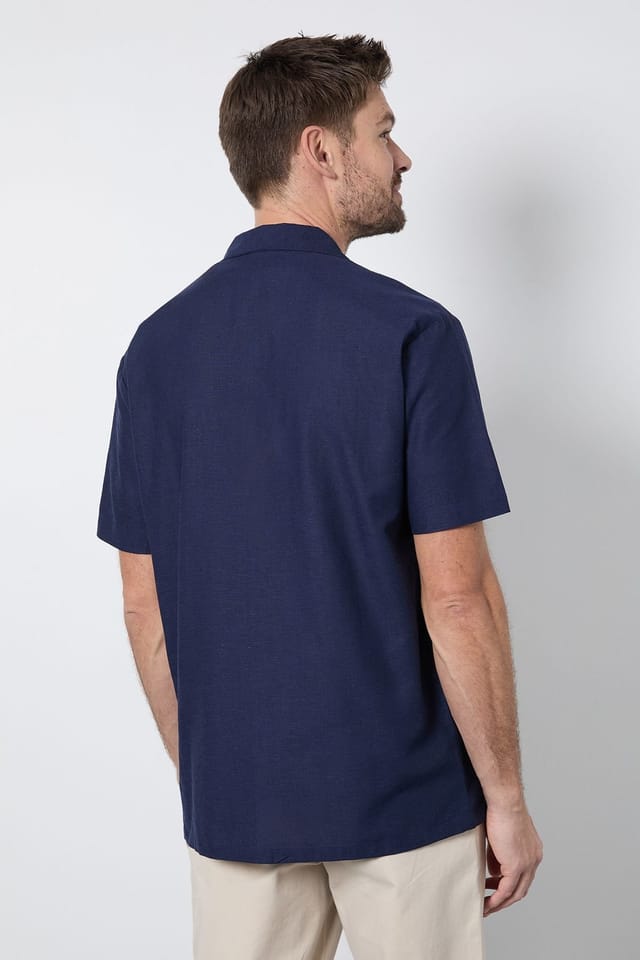 Burton Burton Men's Navy Linen Blend Short Sleeve Resort Shirt - 3