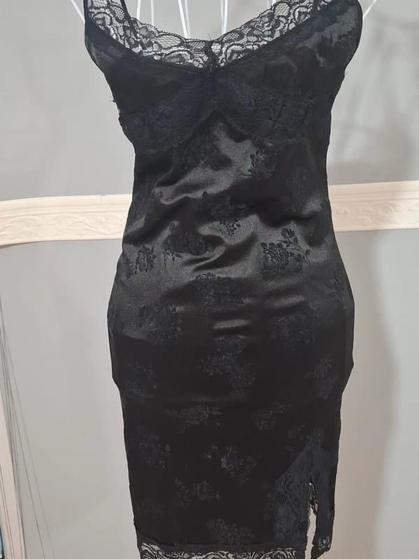 Motel Rocks Motel Rocks Black Satin Slip Dress | Romantic Lace & Floral | Size S / UK 8‑10