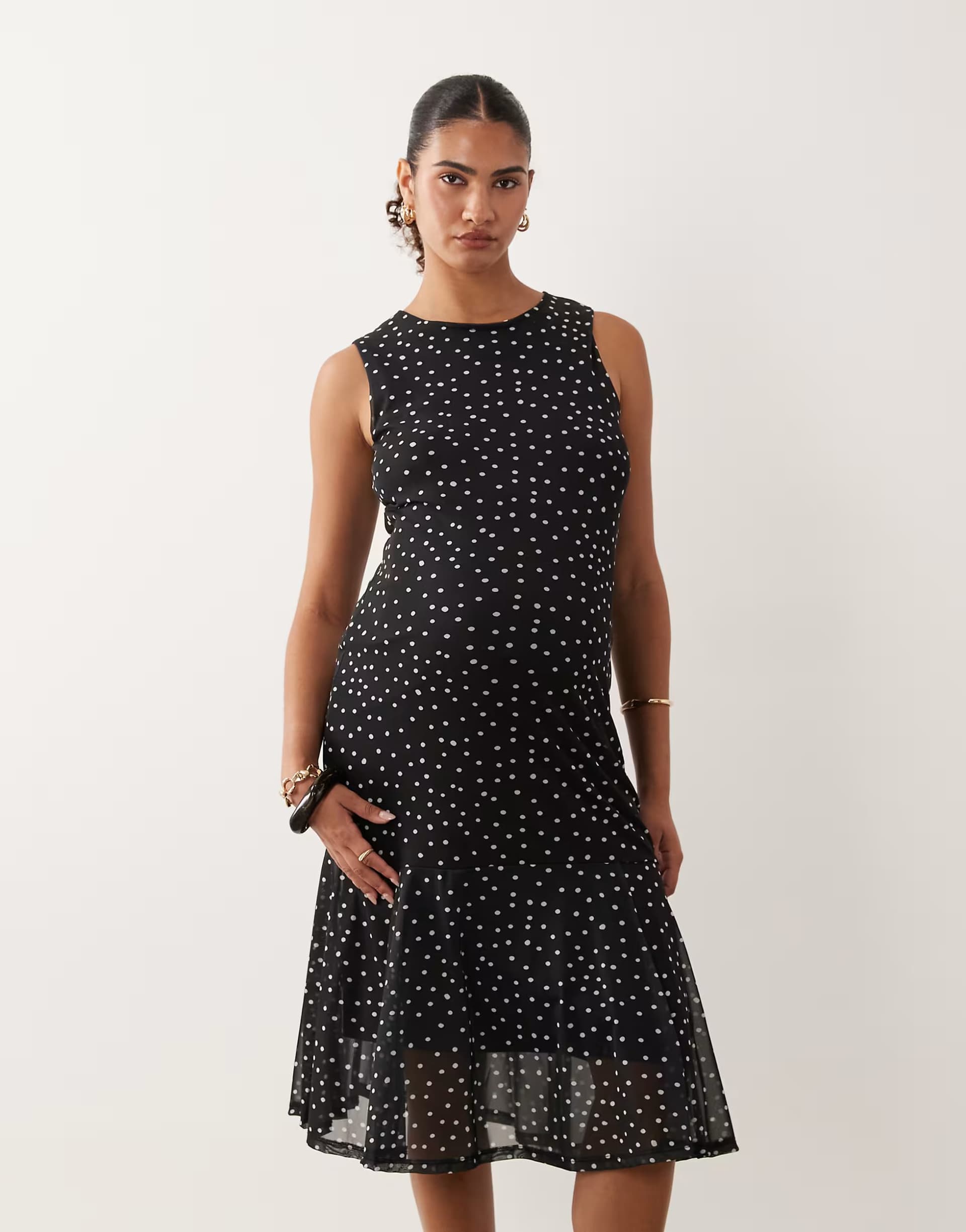 ASOS Mamalicious Maternity sleeveless mesh midi dress in black and white spot print