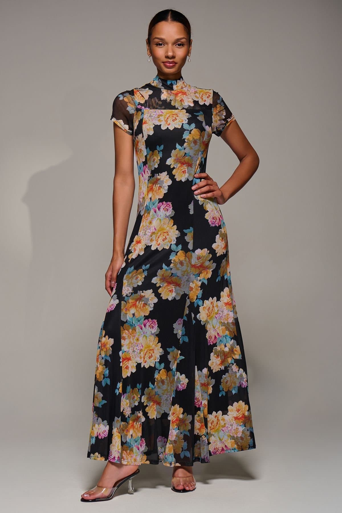 Jolie Moi Jolie Moi Women's Turtle Neckline Mesh Maxi Dress in Black