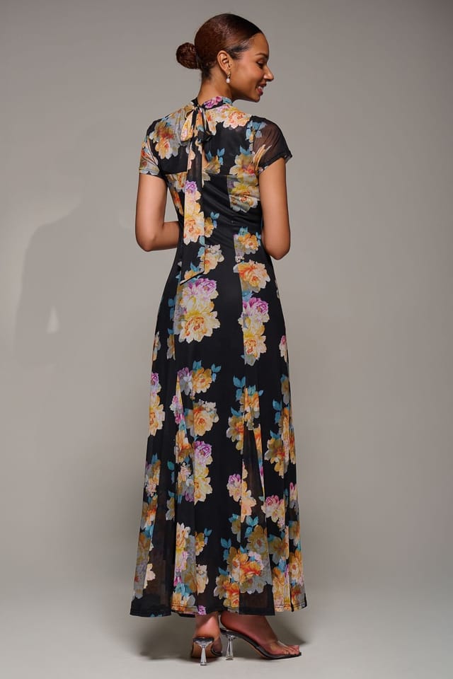Jolie Moi Jolie Moi Women's Turtle Neckline Mesh Maxi Dress in Black - 2