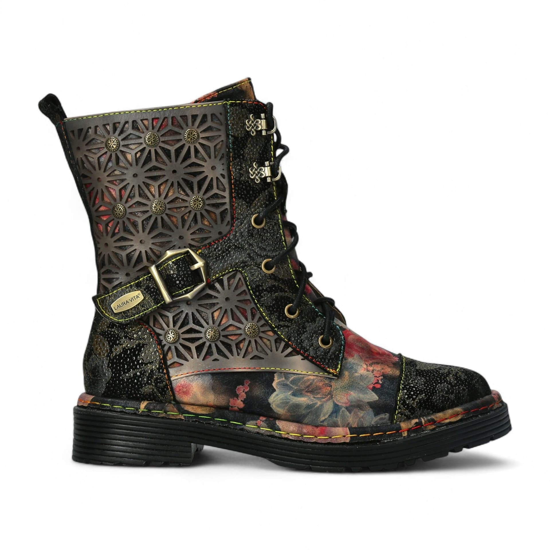 laura vita Laura Vita Women's Incaso 36 Floral Gothic Victorian Leather Ankle High Boots in Black