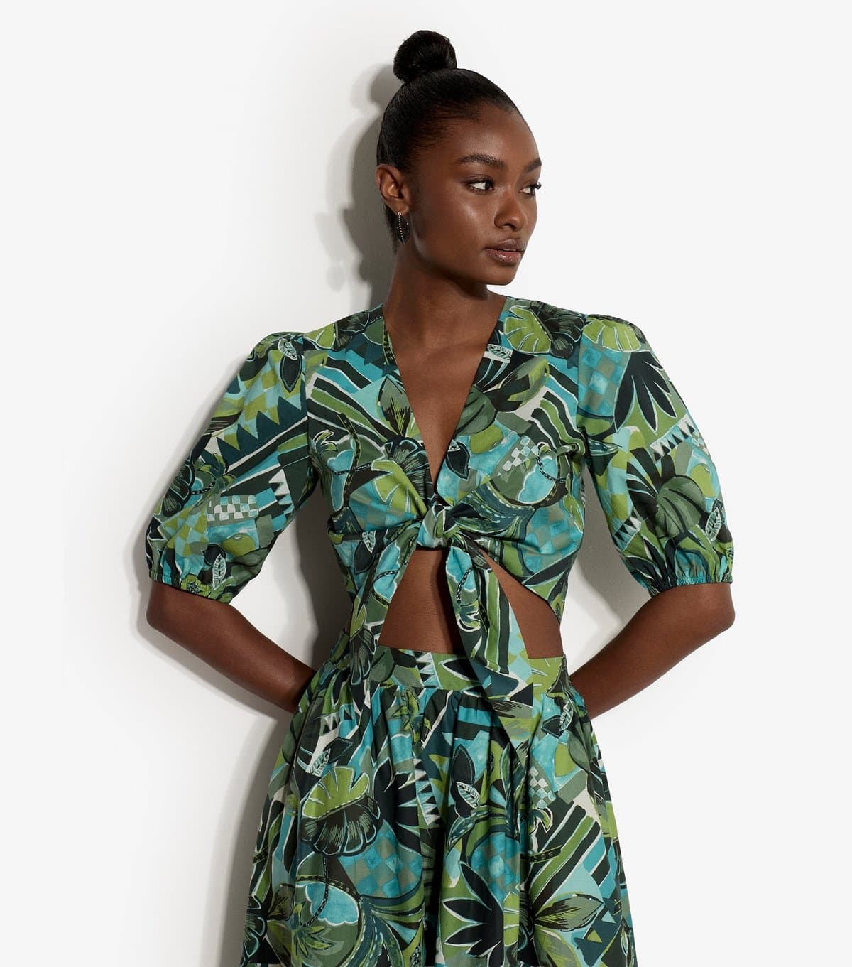Apricot Women's Green Cotton Tropical Print Tie Front Top Apricot New Look