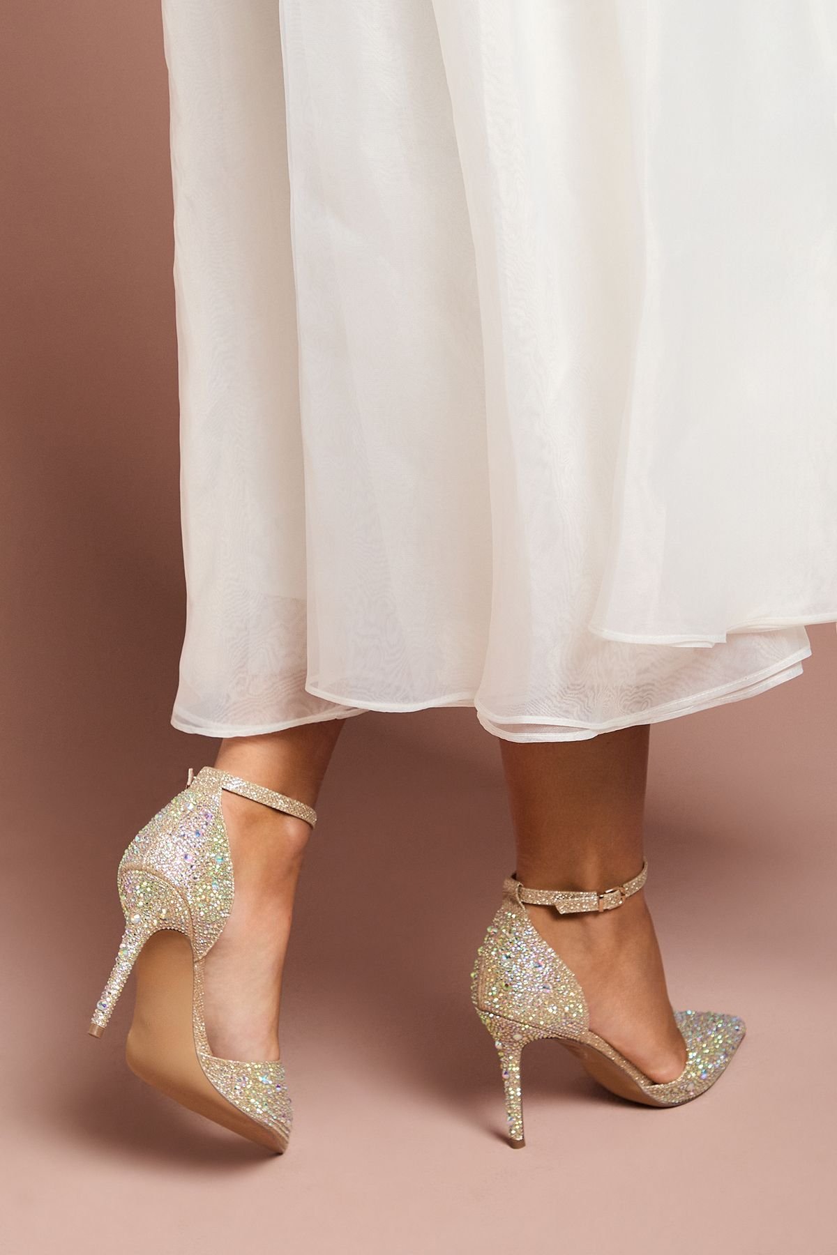 Coast Coast Women's Wide Fit Tanisha Diamante Ankle Strap High Stiletto Court Shoes in Gold - 3