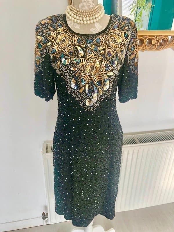 parigi Vintage Parigi Silk100% Black Beaded Sequin Midi Cocktail Evening Gown Dress