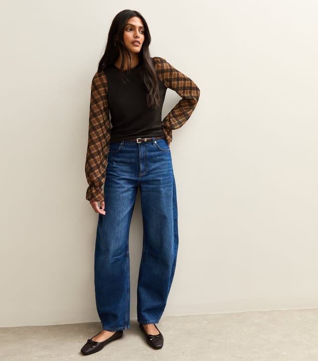 New Look Women's Black Soft Touch Contrast Checked Sleeve Top New Look - 2