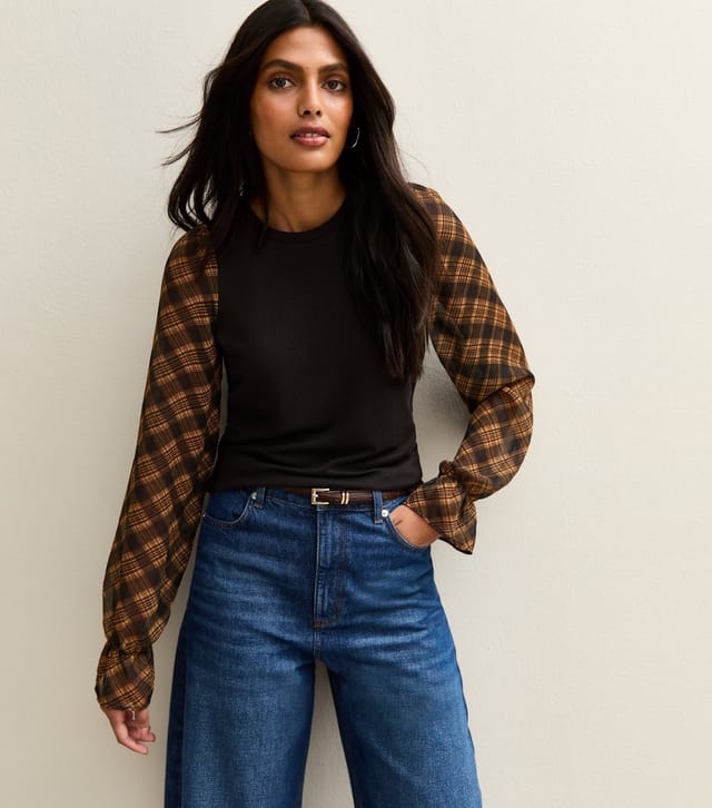 New Look Women's Black Soft Touch Contrast Checked Sleeve Top New Look - 3